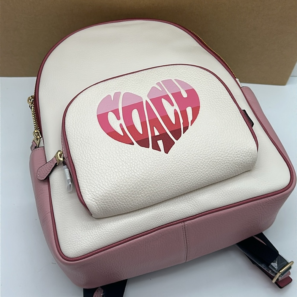 Coach Court Stripe Heart Motif Pebble Leather Chalk White Backpack - Picture 10 of 16